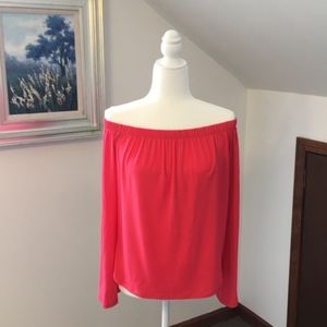 Coral Off-the-Shoulder Long Sleeve Top